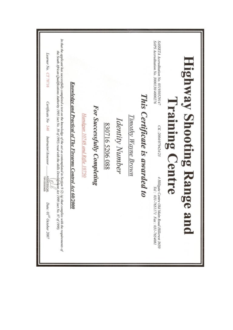 Certificate for Hand gun and Rifle competence course