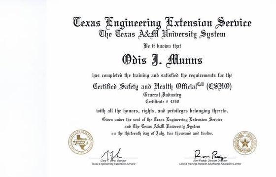 Construction Industry CSHO Certificate | PDF