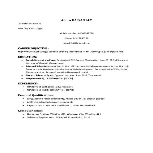 Amira HASSAN Ali CV 2014