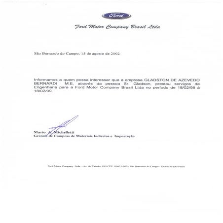 Atestado de Prestação de Serviços na FORD