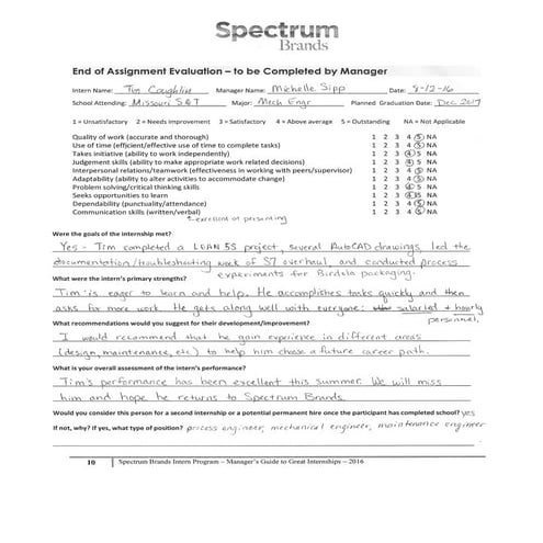 Spectrum Brands Internship Performance Review Michelle Sipp | PDF
