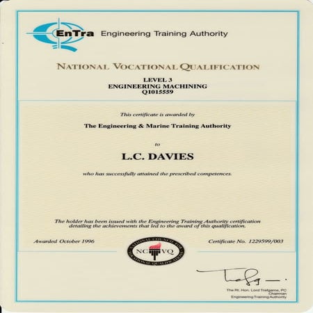 NVQ LEVEL 3 ENGINEERING MACHINING CERTIFICATE