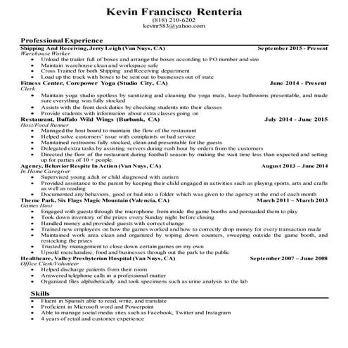 Kevin Francisco Renteria's Resume