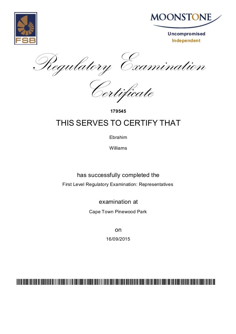 Regulatory Examination Certificate