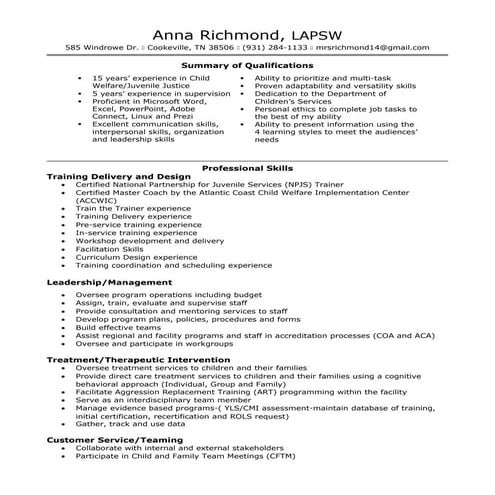 Anna Richmond LAPSW training resume