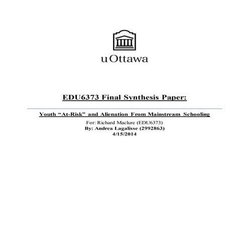 Youth 'At-Risk' and Alienation from Mainstream Schooling EDU6373 Final Synthe...
