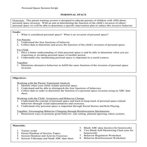 Personal Space Intervention Plan, Script