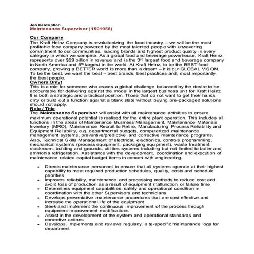 Kraft Heinz_Maintenance Supervisor_Job Description