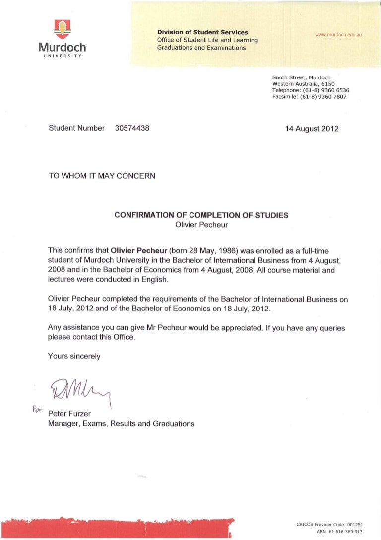 completion letter for economics degree and international business deg