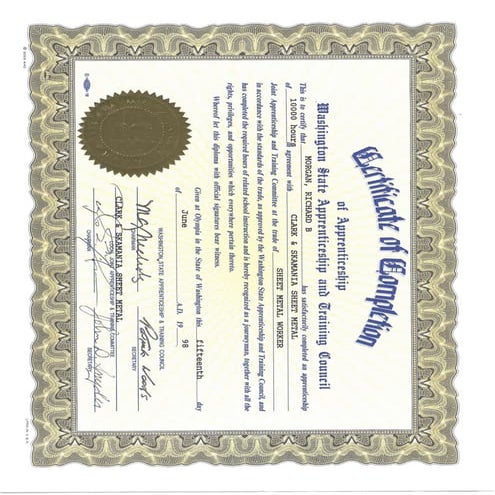 WA Sheet Metal Certificate