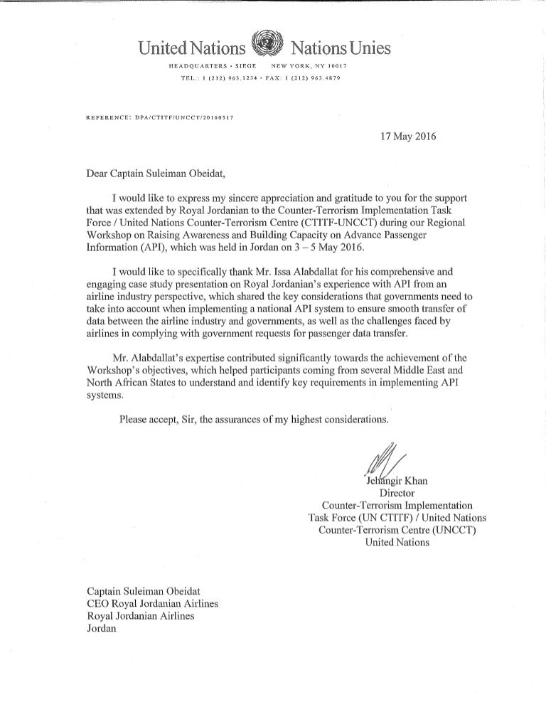 Thank you letter Royal Jordanian