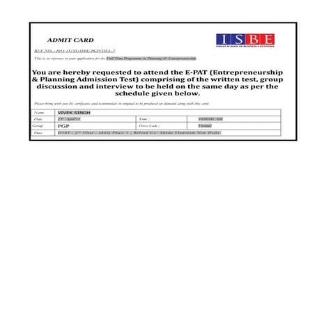 Admit Card ISBE  