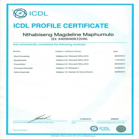 ICDL PROFILE CERTIFICATE