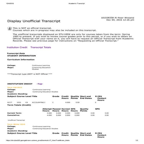 George Brown College Academic Transcipt