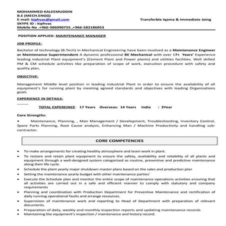 MDK Maintenance Manager 1 7+Year Experience