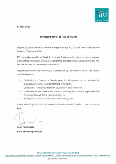 IBS Plc Recommendation Letter