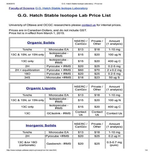 G.G. Hatch Lab. Price List (Ottawa Univ.) | PDF