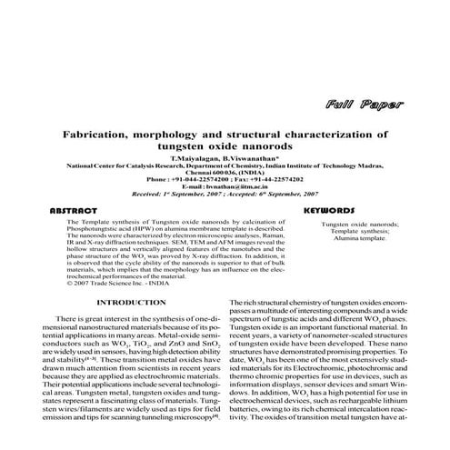 Fabrication, morphology and structural characterization of tungsten oxide nanorods