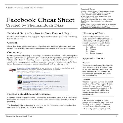 Facebook cheat sheet for writers