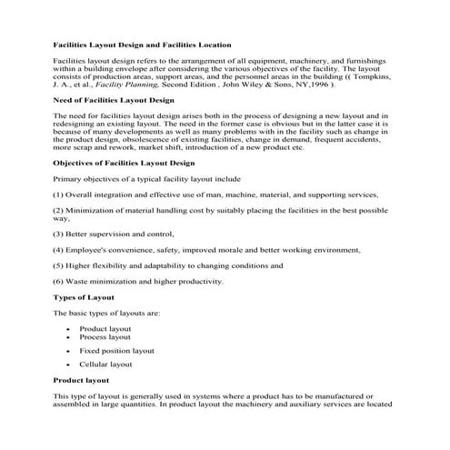 Facilities layout design and facilities location