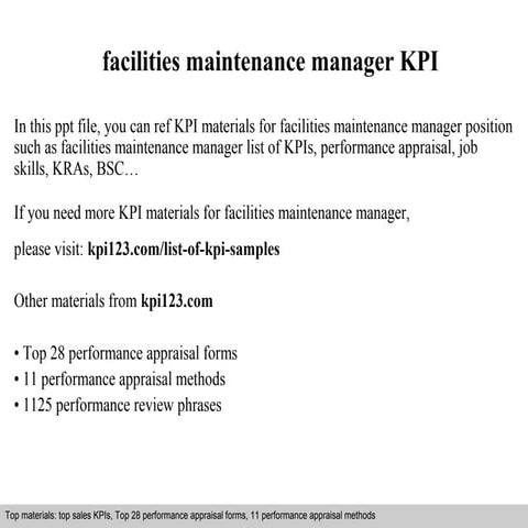 Facilities maintenance manager kpi