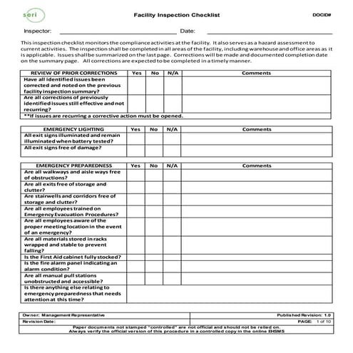 Facility inspection checklist