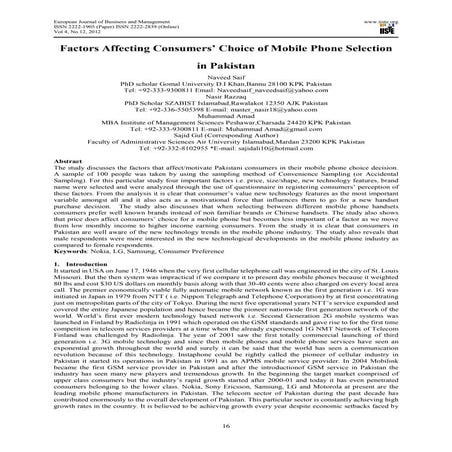 Factors affecting consumers' choice of mobile phone selection in pakistan