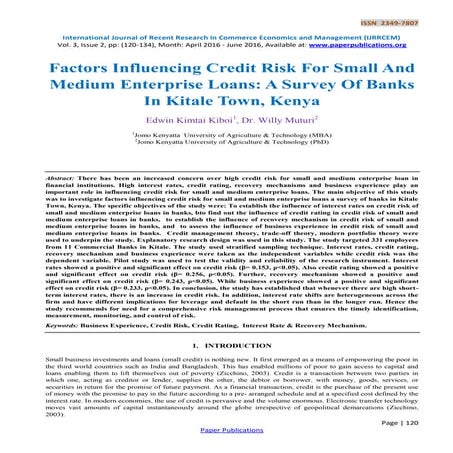 Factors Factors Influencing Credit Risk For Small And Medium Enterprise Loans...