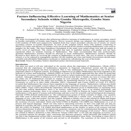 Factors influencing effective learning of mathematics at senior secondary sch...