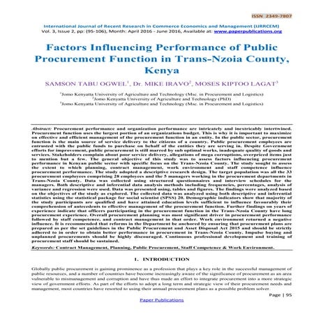 Factors Influencing Performance of Public Procurement Function in Trans ...