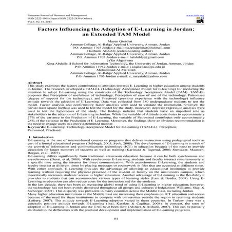 Factors influencing the adoption of e learning in jordan