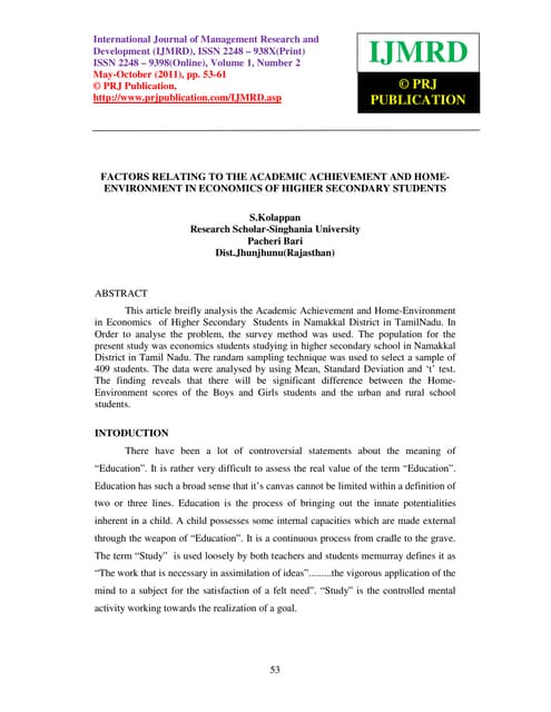 Factors Relating To The Academic Achievement And Home Environment In Factors Relating To The Academic Achievement And Home Environment In