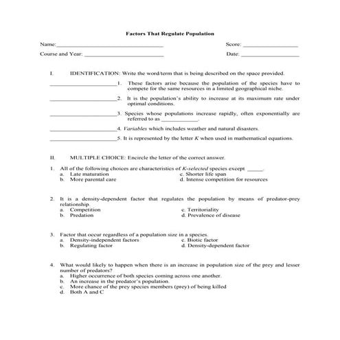 Factors that regulate population quiz 