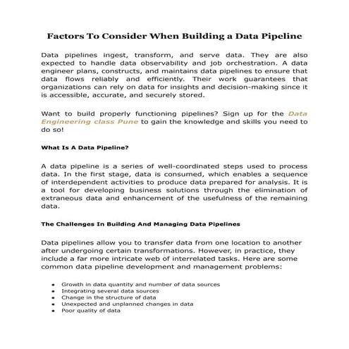 Factors To Consider When Building a Data Pipeline