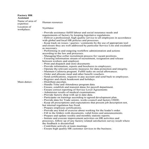 Factory hr assistant