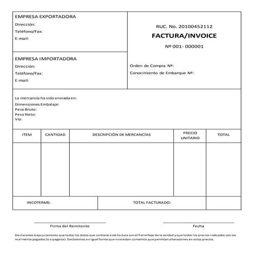 Modelo de Factura Comercial (Commercial Invoice)