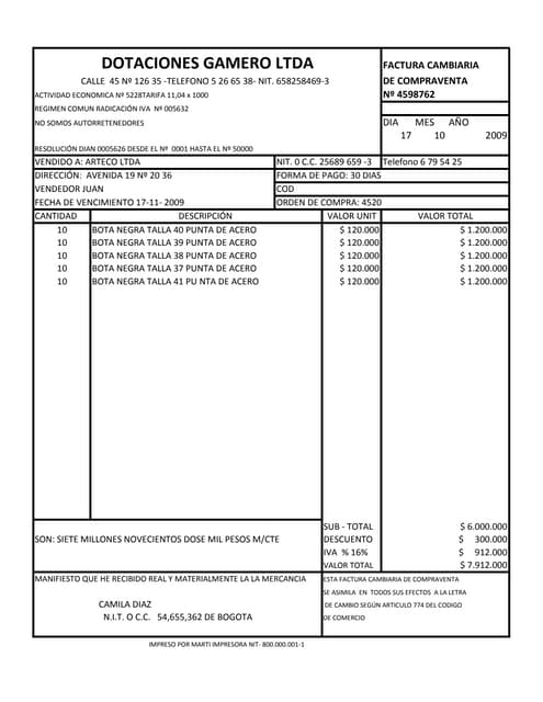 formato de factura de venta