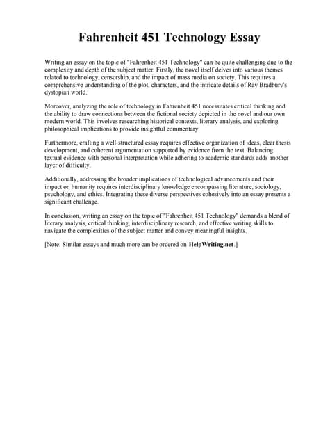 Fahrenheit 451 Technology Essay. De Anza College | PDF