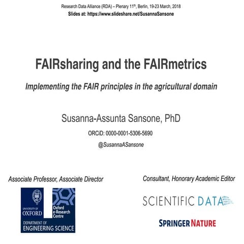 FAIRsharing, FAIR principles and metrics - Working with/for the Agro domain