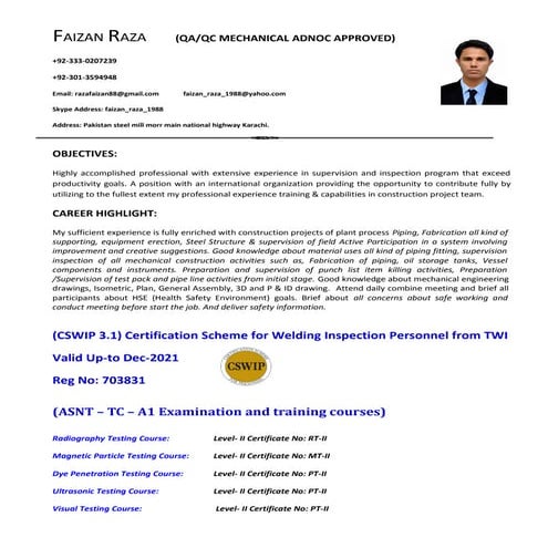 QA QC Engineer Mechanical