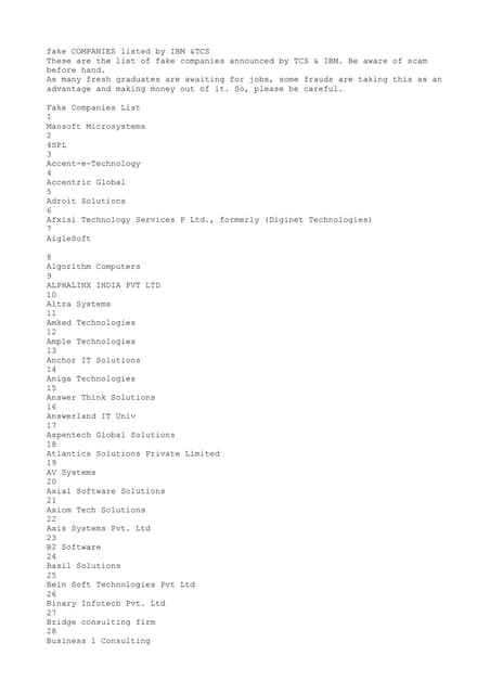 Fake company list by ibm&tcs