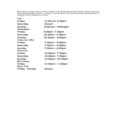 Fall Break Dining Hours 09