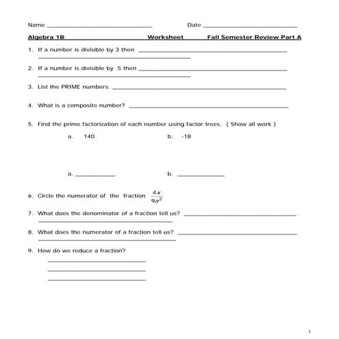 Fall Semester Review Part A Alg 1 B