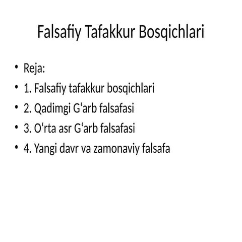 Falsafiy Tafakur Bosqichlari: G'arb Falsafasining Tarixi va Asoslari | PDF