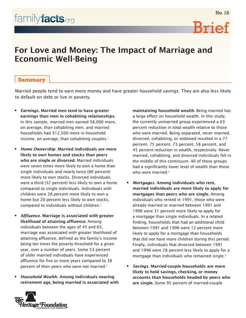 FamilyFacts.org Brief: The Impact of Marriage and Economic well-being