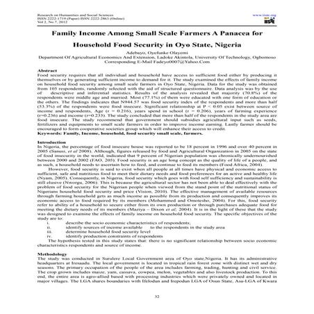 Family income among small scale farmers a panacea for household food security...
