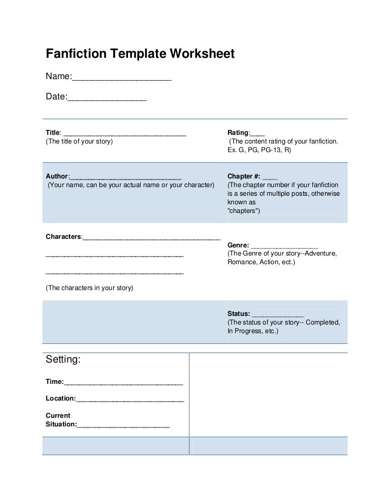 Fanfiction template worksheet