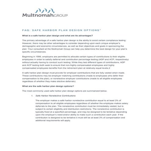 FAQ: Safe Harbor Plan Design Options