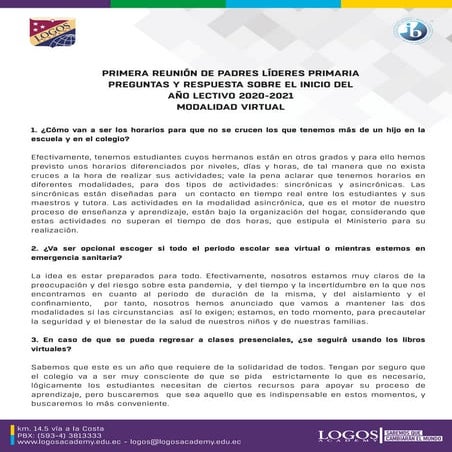 FAQ PRIMARIA SOBRE INICIO DEL PERIODO LECTIVO 2020-2021