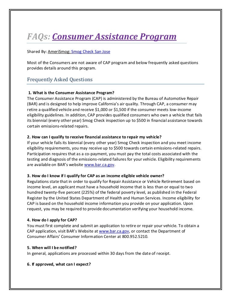 FAQs Consumer Assistance Program California California Smog Check…